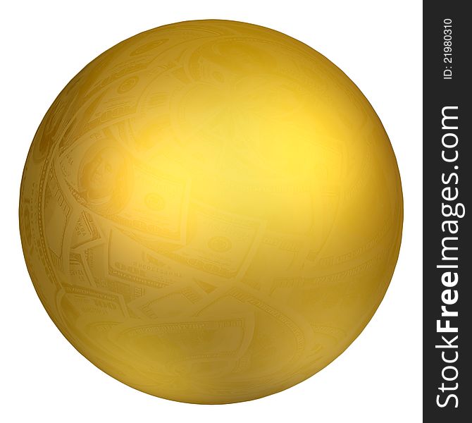 Big golden sphere and dollar reflection, isolated object