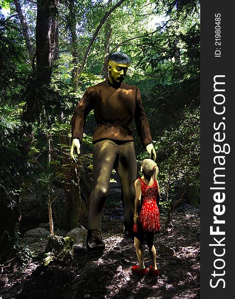 Frankenstein Monster and little girl