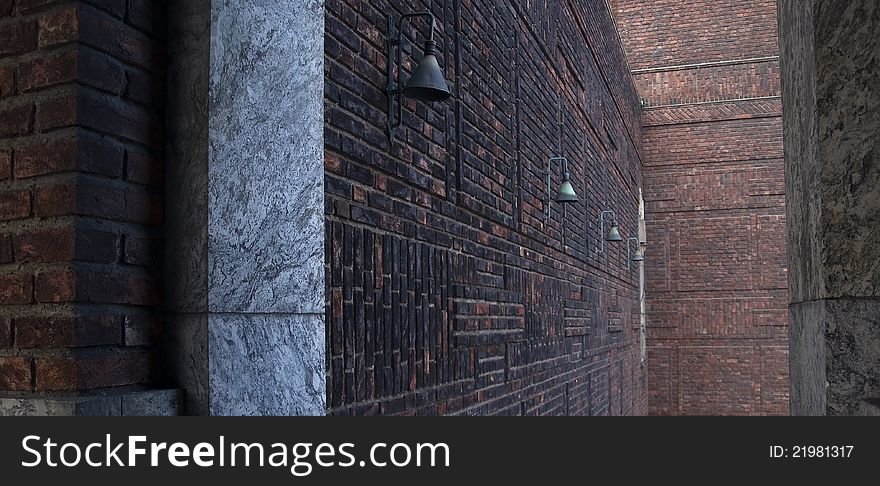 Lamps on vintage wall in urban exterior scene. Lamps on vintage wall in urban exterior scene