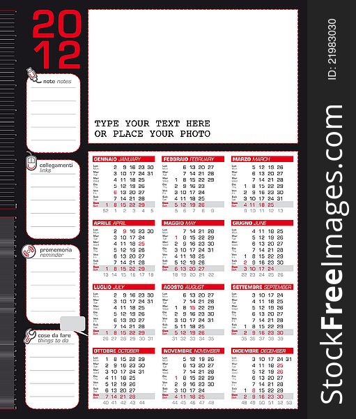 2012 calendar in Italian and English with rulers