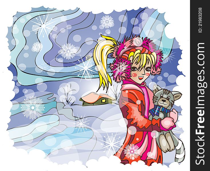 Illustration of little girl in scarf and coat walking with cat toy at snowy winter landscape. Illustration of little girl in scarf and coat walking with cat toy at snowy winter landscape