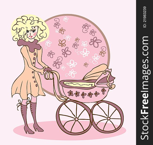 Illustration of youg mother with carriage in vintage style. Illustration of youg mother with carriage in vintage style