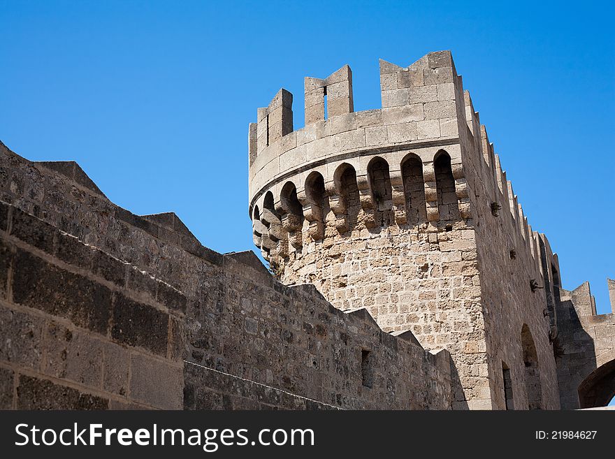 The castle in the Old Town of Rhodes City in Greece. The castle in the Old Town of Rhodes City in Greece.