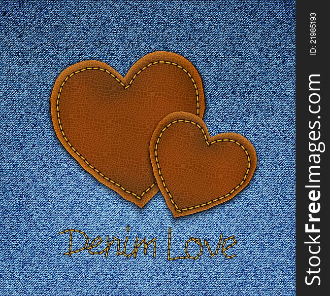 Realistic vector denim background with leather hearts.