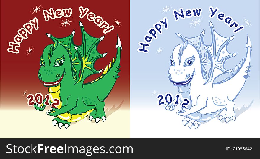 Post-card happy new year.Year of Dragon. Green, white dragon going. Post-card happy new year.Year of Dragon. Green, white dragon going.