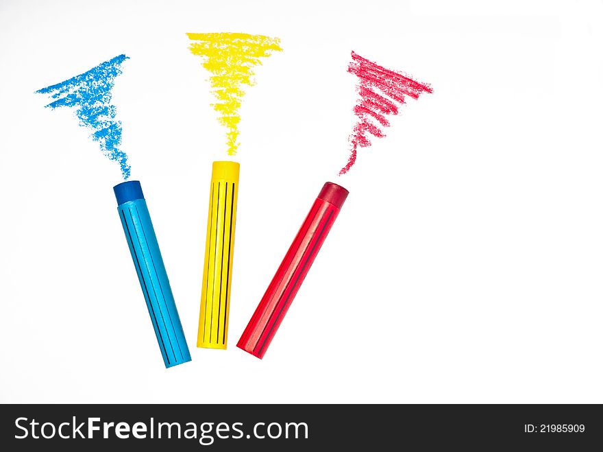 Primary colors of pastel sticks with lines on white background