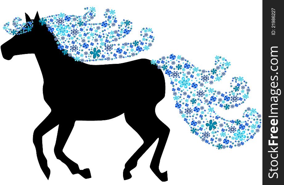 Black silhouette of running horse with floral mane