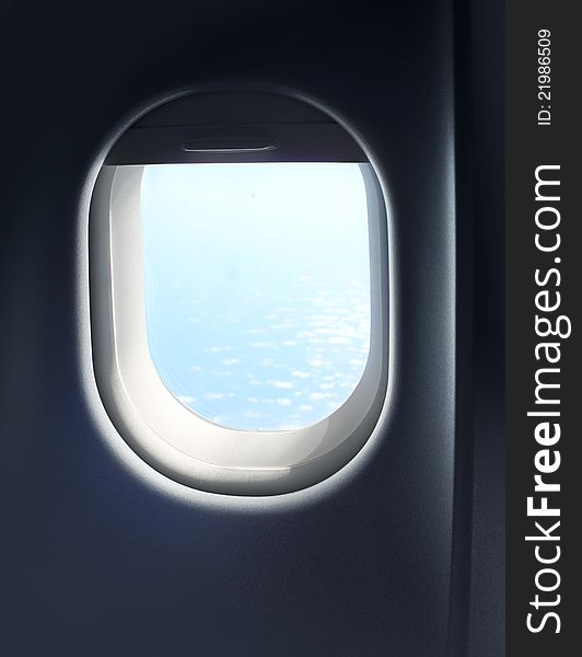 Jet plane interior cabin window sky view. Jet plane interior cabin window sky view