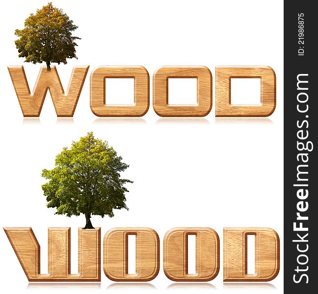 Two words wood in wood material with tree. Two words wood in wood material with tree