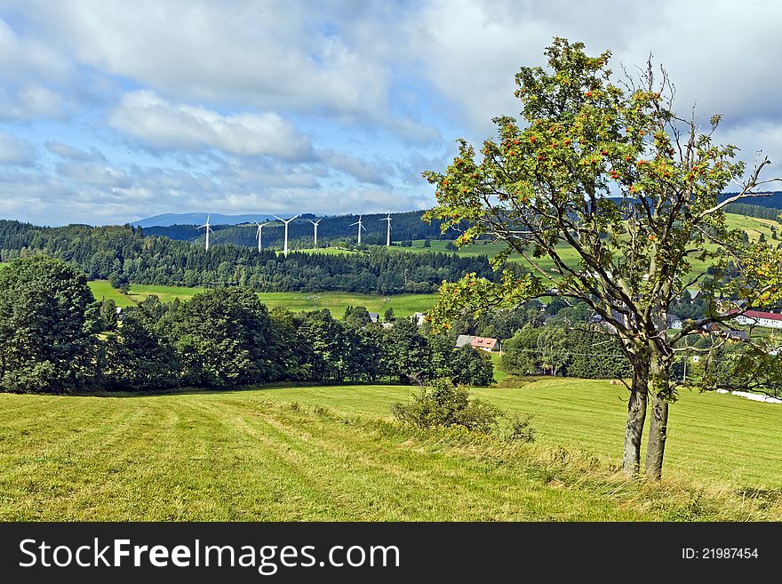 Wind turbines in mountains landscape