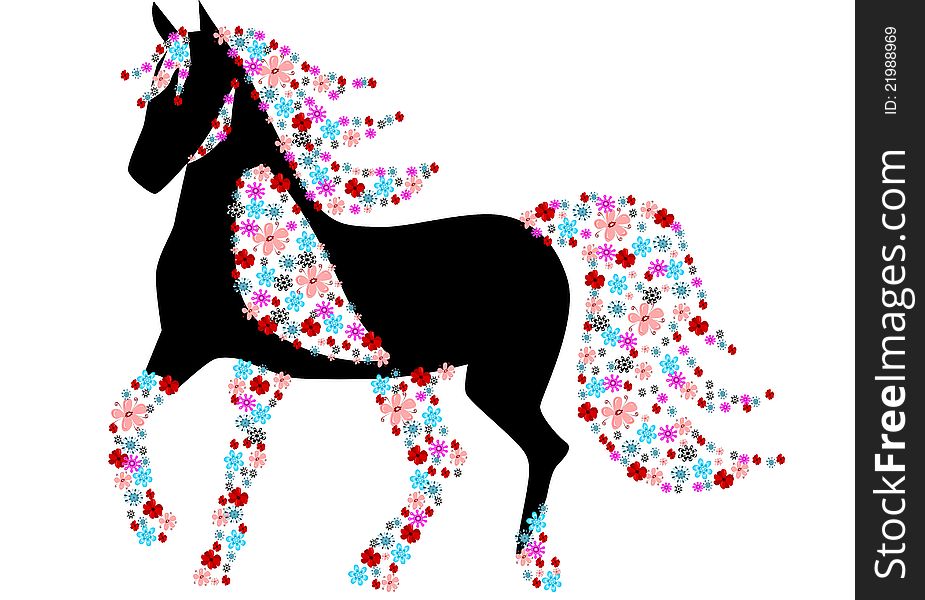 Black silhouette of horse with flowers. Black silhouette of horse with flowers