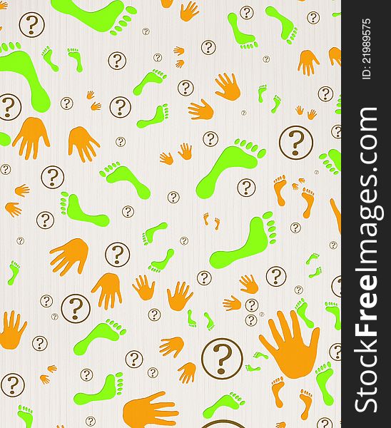 Wallpaper with hands,feet and question signs on wooden background. Wallpaper with hands,feet and question signs on wooden background