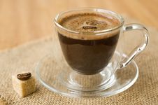Cup Of Coffee, Sugar, Coffee Beans Stock Photos