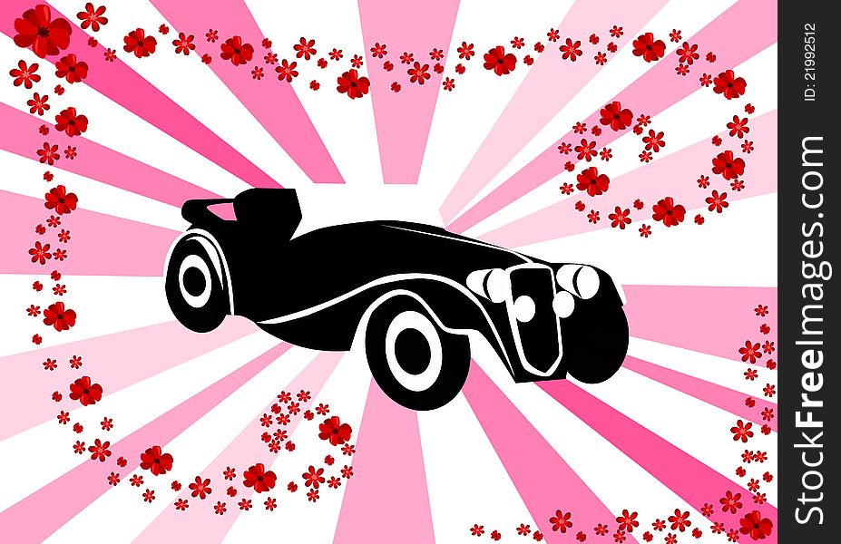 Black silhouette of veteran car with pink bakcground and floral ornaments