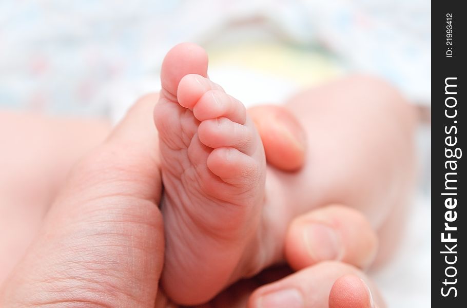 Baby foot in hand close up