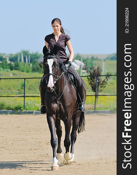 Young Girl And Black  Horse