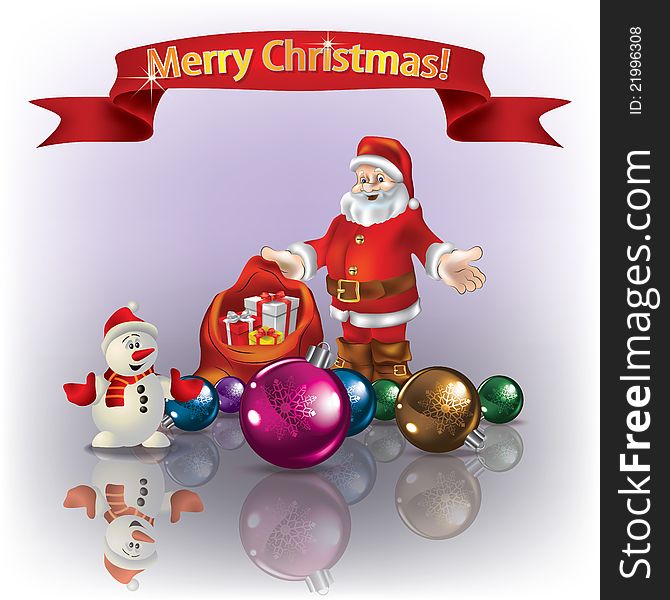 Abstract Christmas greeting with Santa snowman and gifts. Abstract Christmas greeting with Santa snowman and gifts