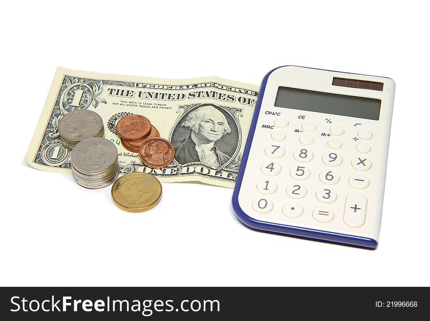 US Dollar bills, coin and calculator on white background