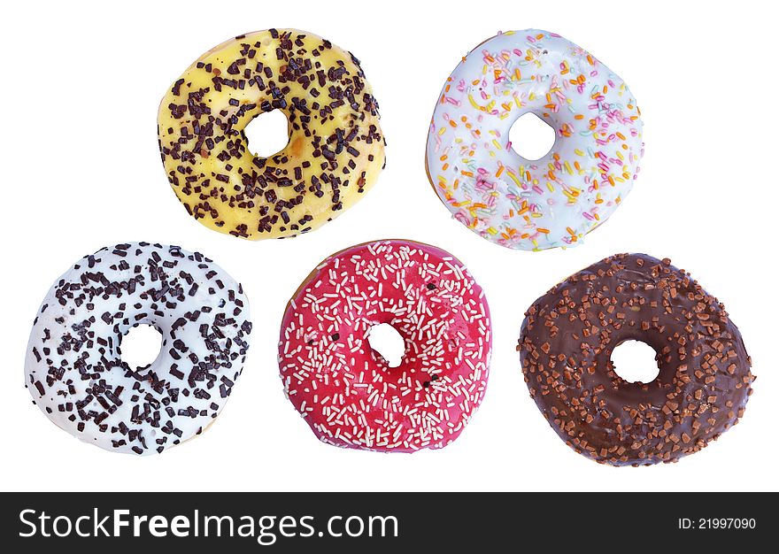 5 colourful donuts isolated in a white background