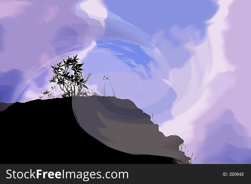 Computer enhanced image of a mountain silhouette with flowers and colorful skies. Computer enhanced image of a mountain silhouette with flowers and colorful skies.