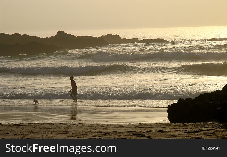 A young man playing with dog in a beach at sunset. A young man playing with dog in a beach at sunset