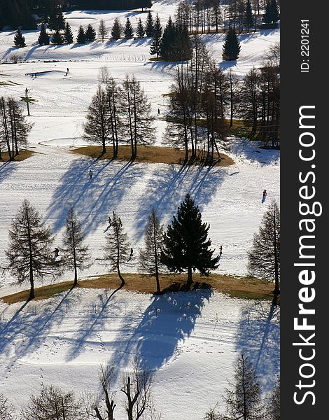 Aerial view of an alpine ski resort. Aerial view of an alpine ski resort.