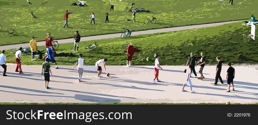 Some guys are playing basketball in the sunny park at spring. To avoid recognizable faces i have turned the image into an illustration. Some guys are playing basketball in the sunny park at spring. To avoid recognizable faces i have turned the image into an illustration
