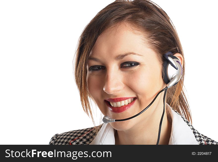 Beautiful Customer Representative with headset laughing during a telephone conversation