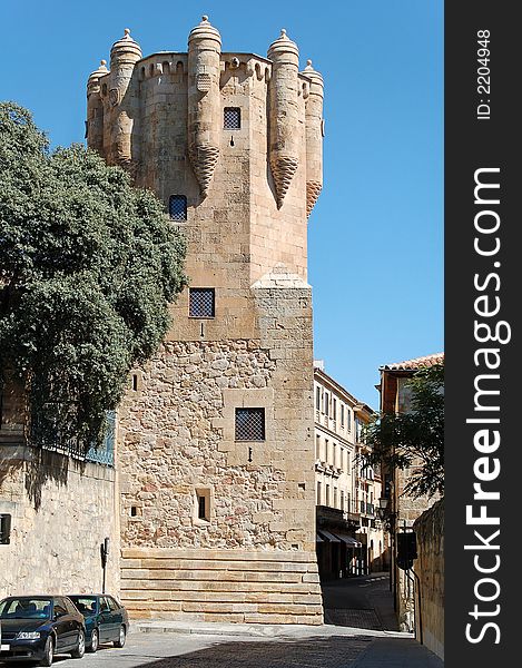 This tower is part of the palace of Sotomayor. It was built in the 15th century. It has a square base that turns into an octagon as it goes up. It also has a smaller towers on each of its eight angles. The tower is decorated with coats of arms, small blind arches, cornices, etc. Currently houses the offices of the Salamanca Provincial Government. This tower is part of the palace of Sotomayor. It was built in the 15th century. It has a square base that turns into an octagon as it goes up. It also has a smaller towers on each of its eight angles. The tower is decorated with coats of arms, small blind arches, cornices, etc. Currently houses the offices of the Salamanca Provincial Government.