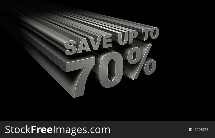 3D Graphic of large metallic characters that read SAVE UP TO 70%. Intended for retail sales graphics. 3D Graphic of large metallic characters that read SAVE UP TO 70%. Intended for retail sales graphics.