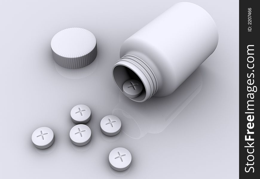 Six medicine pills and a bottle on white background- 3d render