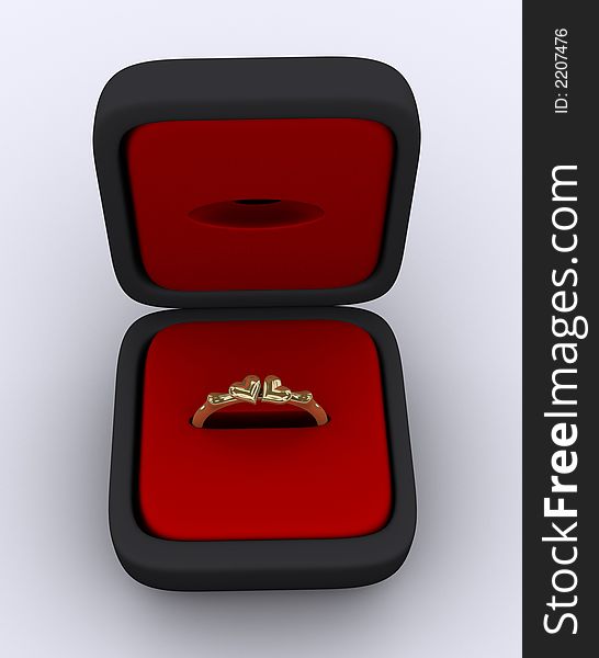 Gold ring with two hearts in a red box, over white. Gold ring with two hearts in a red box, over white