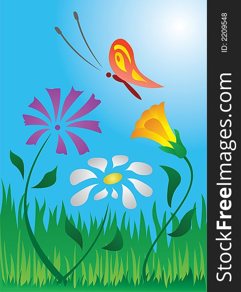 The vector image of the butterfly, flowers and grasses. The vector image of the butterfly, flowers and grasses
