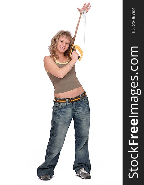 Woman with saw on white background. Woman with saw on white background