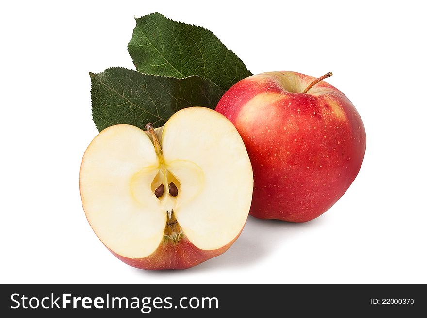 Two apples with leaves against white background. Two apples with leaves against white background