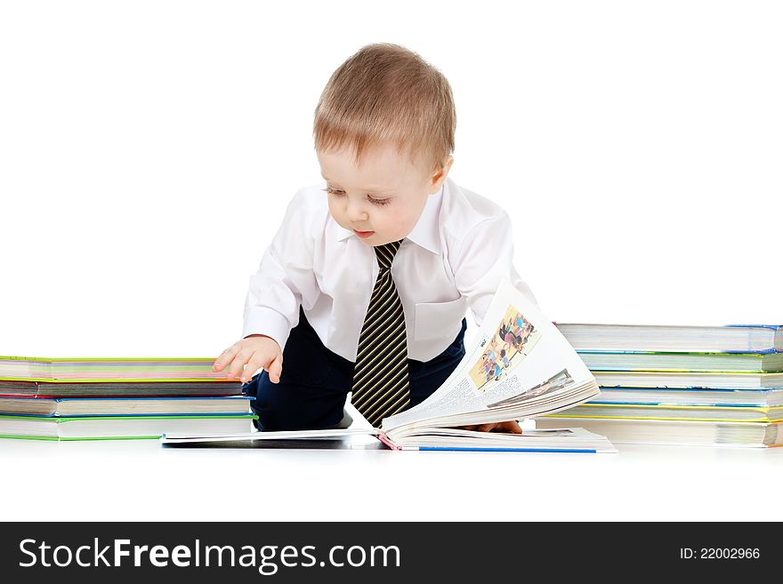 Child with books over white background. Child with books over white background