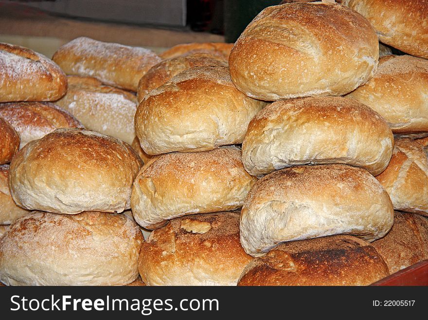 A Display of Freshly Made Crusty Bread Loaves.