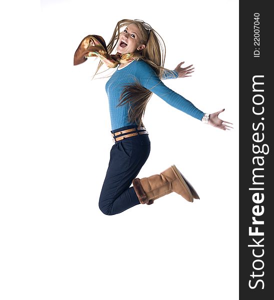 Young women jumping against white background. Young women jumping against white background