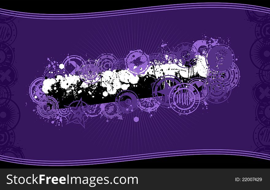 A vector background design in purple color scheme and standard wide-screen aspect ratio in grunge illustration style with a central splatter banner graphic and space for your copy. A vector background design in purple color scheme and standard wide-screen aspect ratio in grunge illustration style with a central splatter banner graphic and space for your copy.