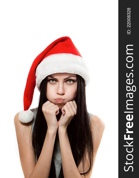 Girl is offended in Santa Claus hat
