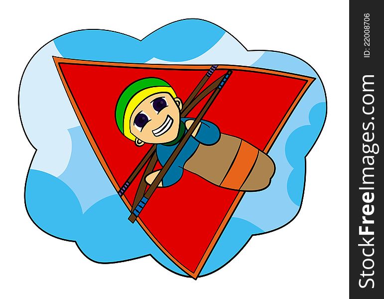 Cartoon illustration of a man enjoying a ride in a hang glider