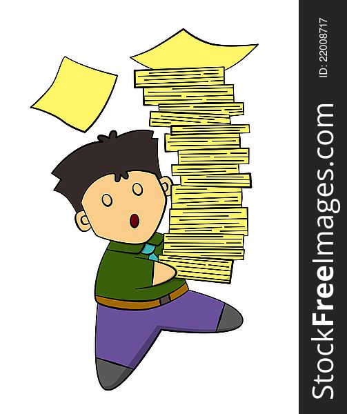 An office worker carrying piled up papers. An office worker carrying piled up papers