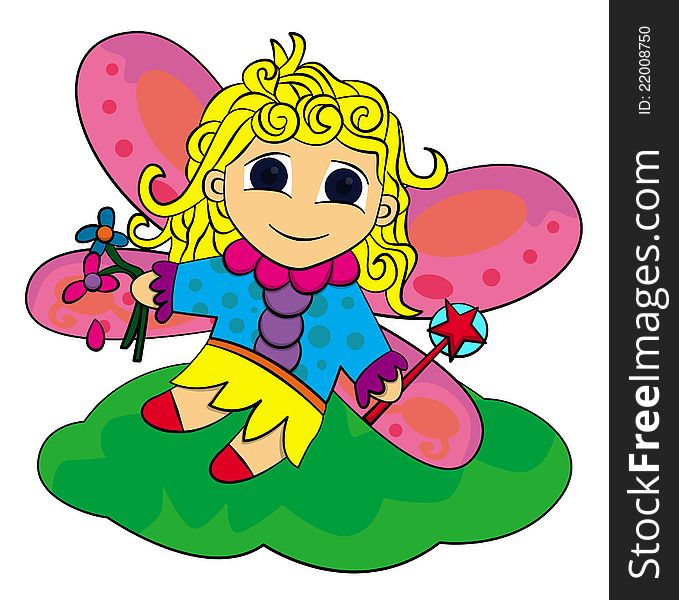 Illustration of a cute and colorful flying cartoon fairy