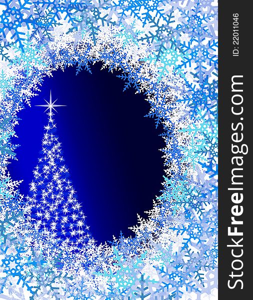 Christmas background formed from stars and snow flakes border and a tree