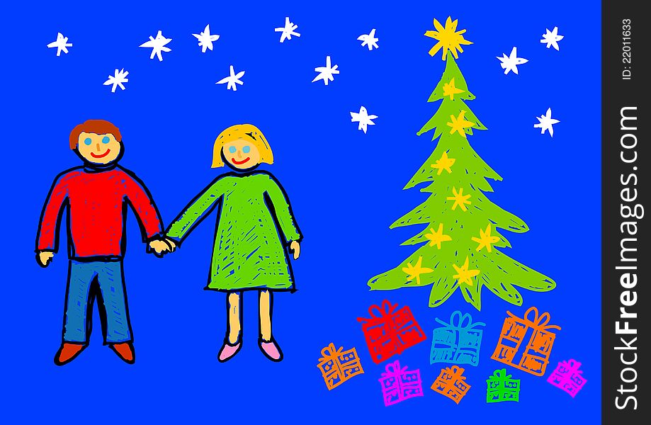 Christmas drawing on blue background