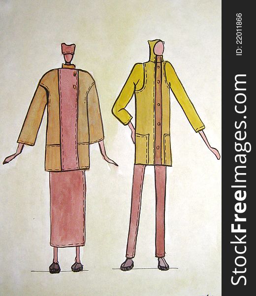 Hand-drawn sketch of fashionable clothes, pencil, paint. Hand-drawn sketch of fashionable clothes, pencil, paint