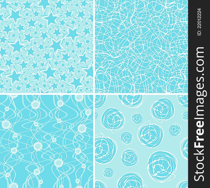 A set of four seamless winter patterns in blue and white. A set of four seamless winter patterns in blue and white.
