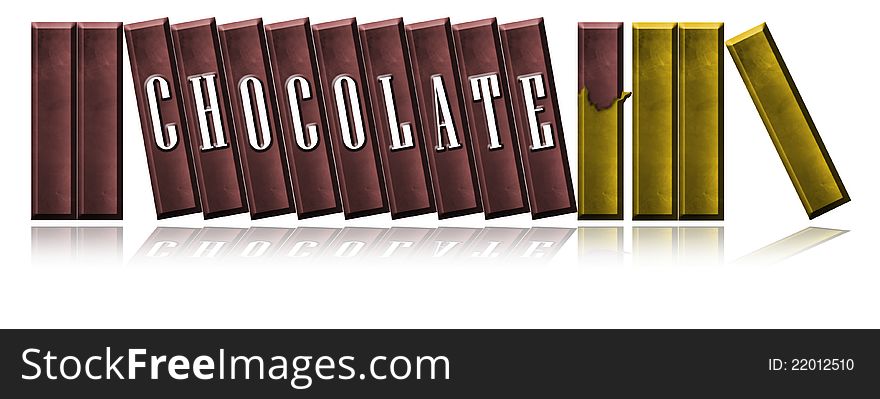 Illustration of chocolate bars with word 'chocolate' wrapping it by gold paper. Isolate on white background. Illustration of chocolate bars with word 'chocolate' wrapping it by gold paper. Isolate on white background.