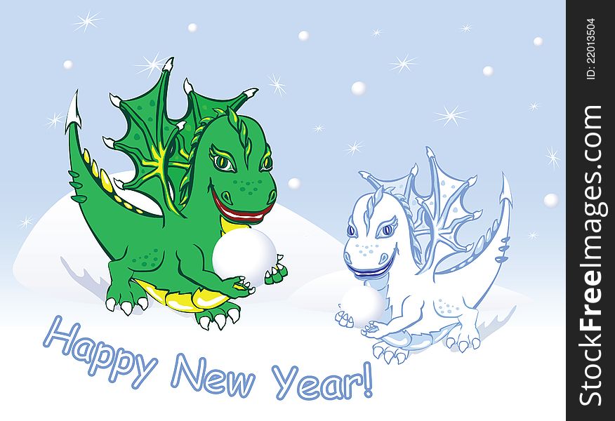 Card Happy New Year with Dragons and snow.
Green and snow dragons playing snowball