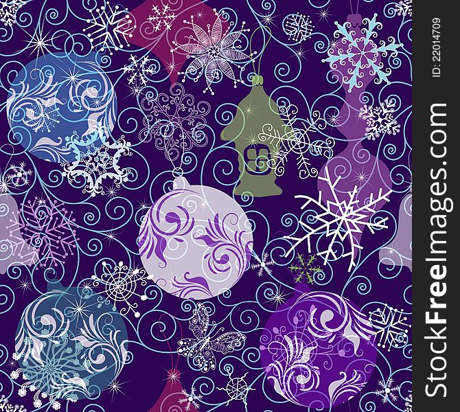 Dark violet seamless pattern with snowflakes, balls and translucent Christmas toys. Dark violet seamless pattern with snowflakes, balls and translucent Christmas toys